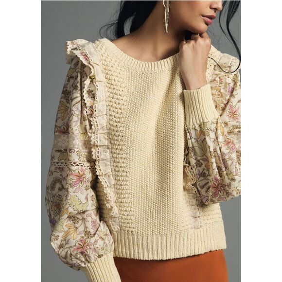 Anthropologie Sweaters - NWT | By Anthropologie Printed-Sleeve Ruffle Sweater Size Large